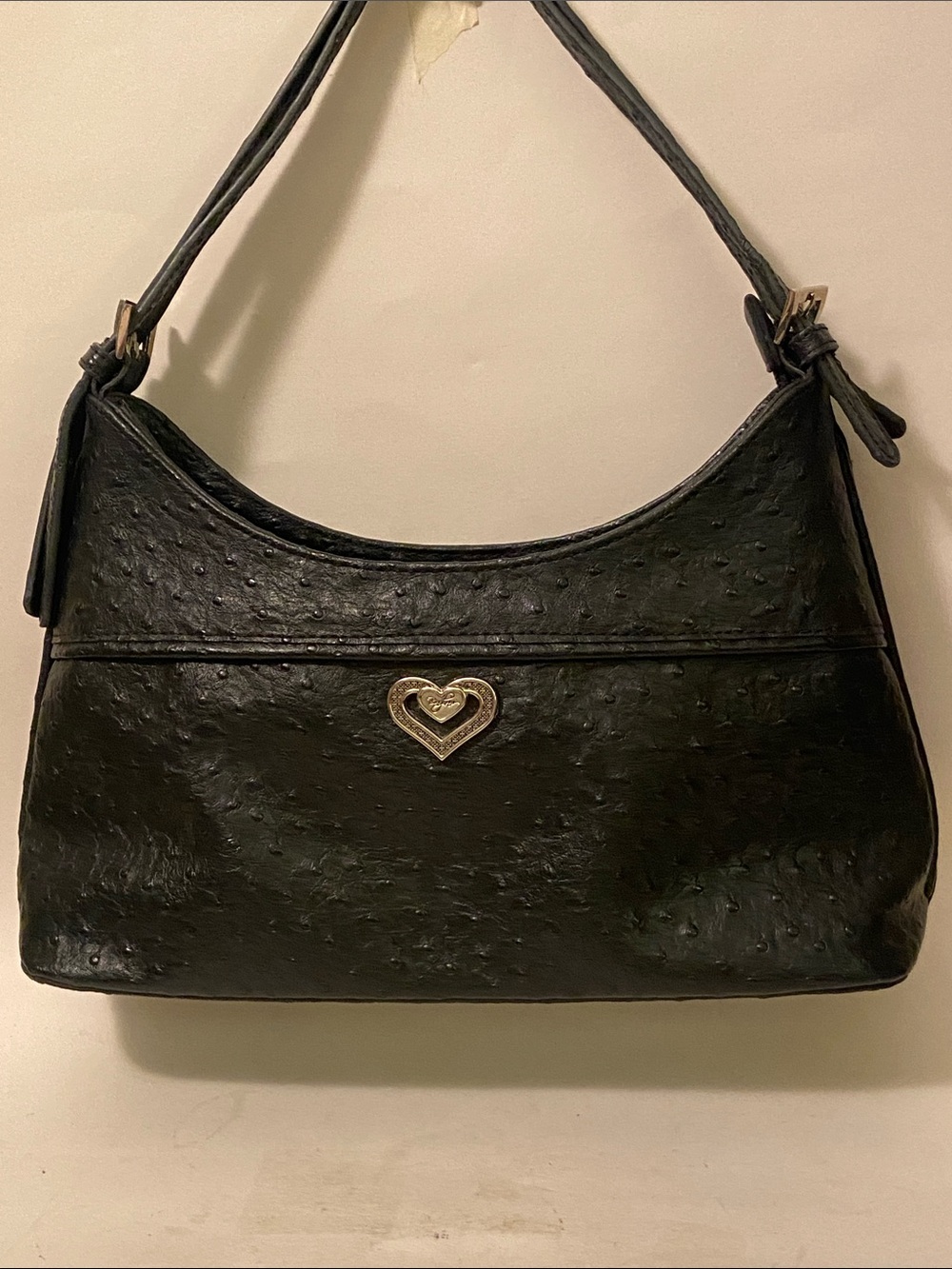 VTG Brighton Faux Ostrich Leather BLACK Shoulder Bag Y2K Embossed Silver Heart